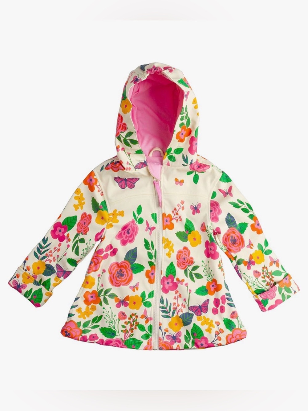 Stephen Joseph Girls' Floral Hooded Raincoat - Cream with Pink Lining - size 2T